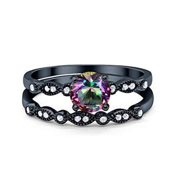 Art Deco Engagement Piece Ring Black Tone, Simulated Rainbow CZ 925 Sterling Silver